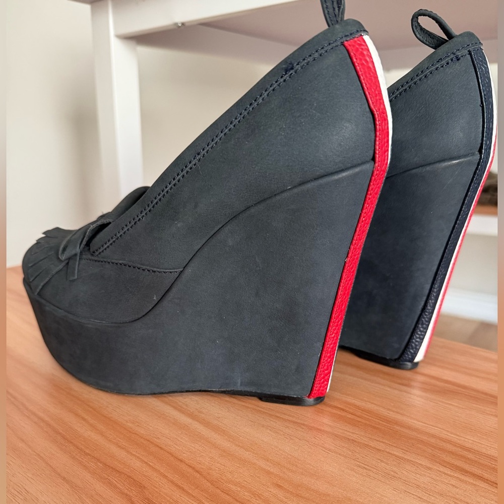 Black Fleece Thom Browne x Brooks Brothers Mod Blue Suede Leather Wedge Loafers - Picture 12 of 14